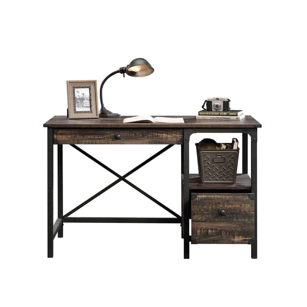 Steel River Desk, Industrial Office Desk with Two Drawers and Open Shelf - Carbon Oak Finish
