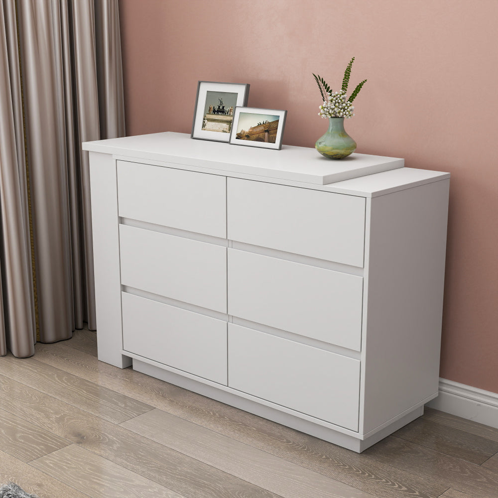 L-Shaped Desk and Vanity Combo with 6 Drawers, Extendable Tabletop, and Large Capacity Storage for Office and Bedroom Makeup