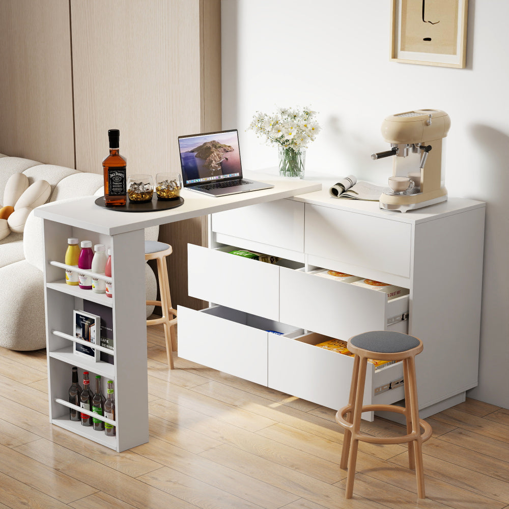 L-Shaped Desk and Vanity Combo with 6 Drawers, Extendable Tabletop, and Large Capacity Storage for Office and Bedroom Makeup