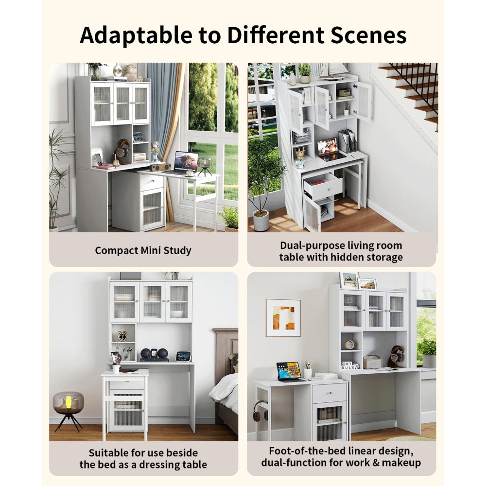 Computer Desk with glass door for Home Office or Study desk,  Bookshelf & Hutch, Computer Desk with 90 Degree Rotating Desktop,Large Working Space