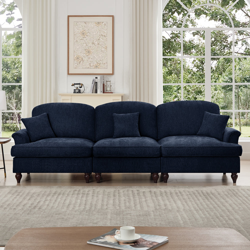 Elegant Mid Century Large 3 Seater Sofa Couch with Flared Arms and Removable Ruffles Pleats Skirts and Spindle Legs, Comfy Chenille Three-Seat Sofa for Living Room, Blue