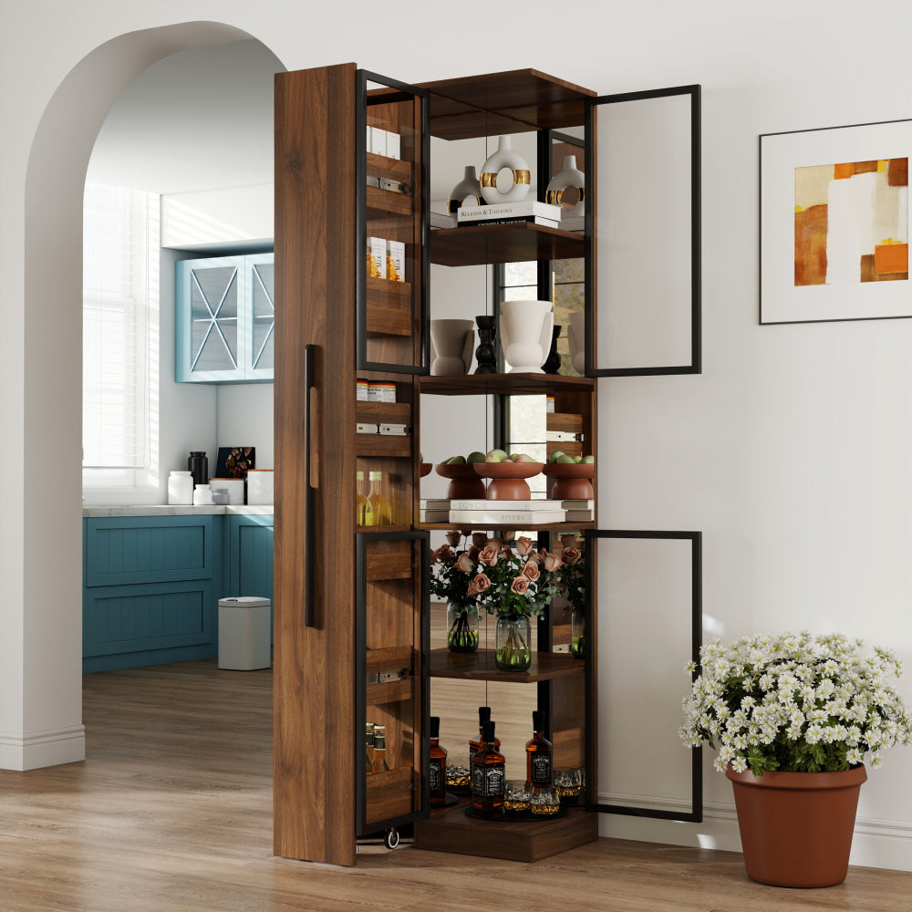 70" Display Cabinet with Glass Doors and Lights, with multi-functional pull-out multi-tier storage shelf , Wooden Display Storage Cabinets