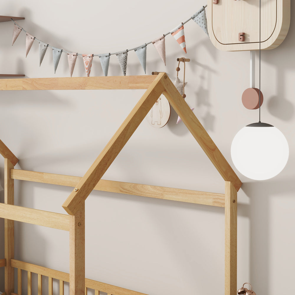 Twin Size House Floor Wooden Bed with Roof Frame,Safety Guardrails,Natural (Old Sku W504P286404)