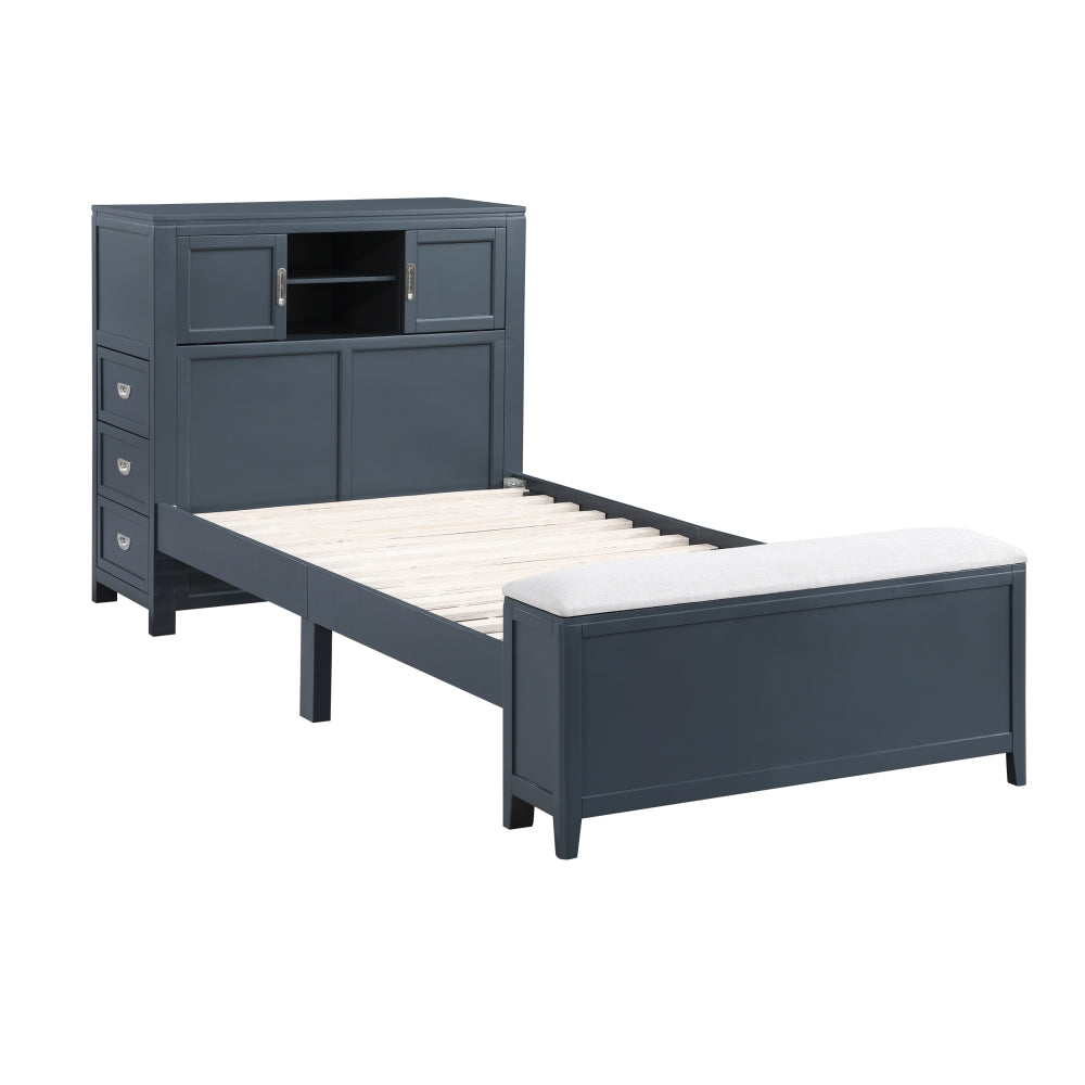 Navy Blue Finish Twin Platform Bed with Bookcase Headboard Drawers Hidden Desk Stool Footboard Storage Bench Bedroom Furniture 1pc