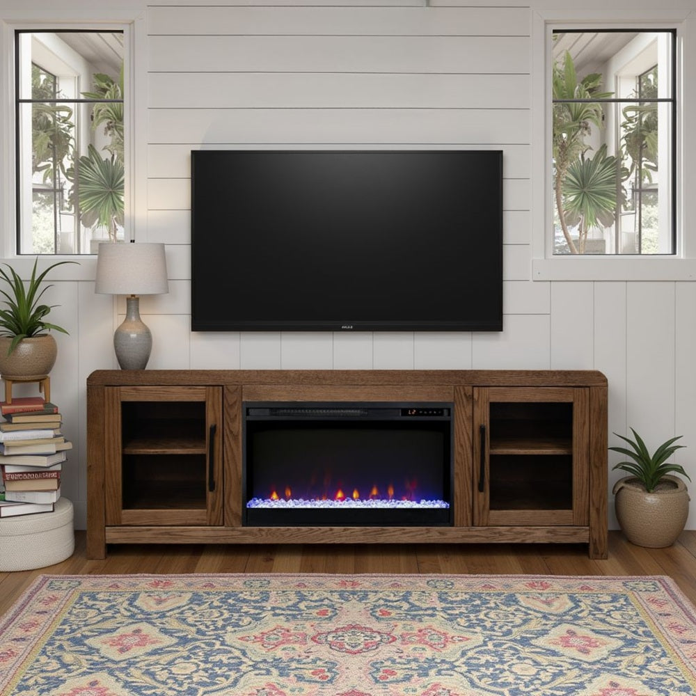 Haven 65 inch Fireplace TV Stand with Glass Doors, for TVs up to 75 inches, Minimal Assembly, Oak Bourbon Finish