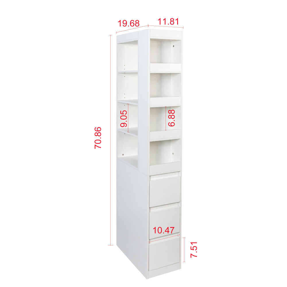 70.87" H Display Storage  Cabinet , 4-Tier Shelf, 3 Side Drawers & 4 small display shelves , Modern Wooden Tall Bookshelf Bookcase for Living Room Home Office