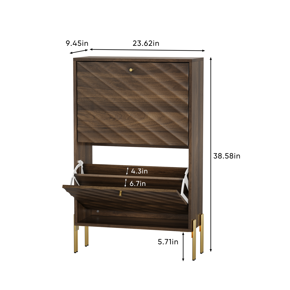 23.6 Inch Walnut shoe cabinet, Mid-century modern freestanding shoe cabinet,  Freestanding organizer with metal legs,  Suitable for entry, Hallway And Entryway