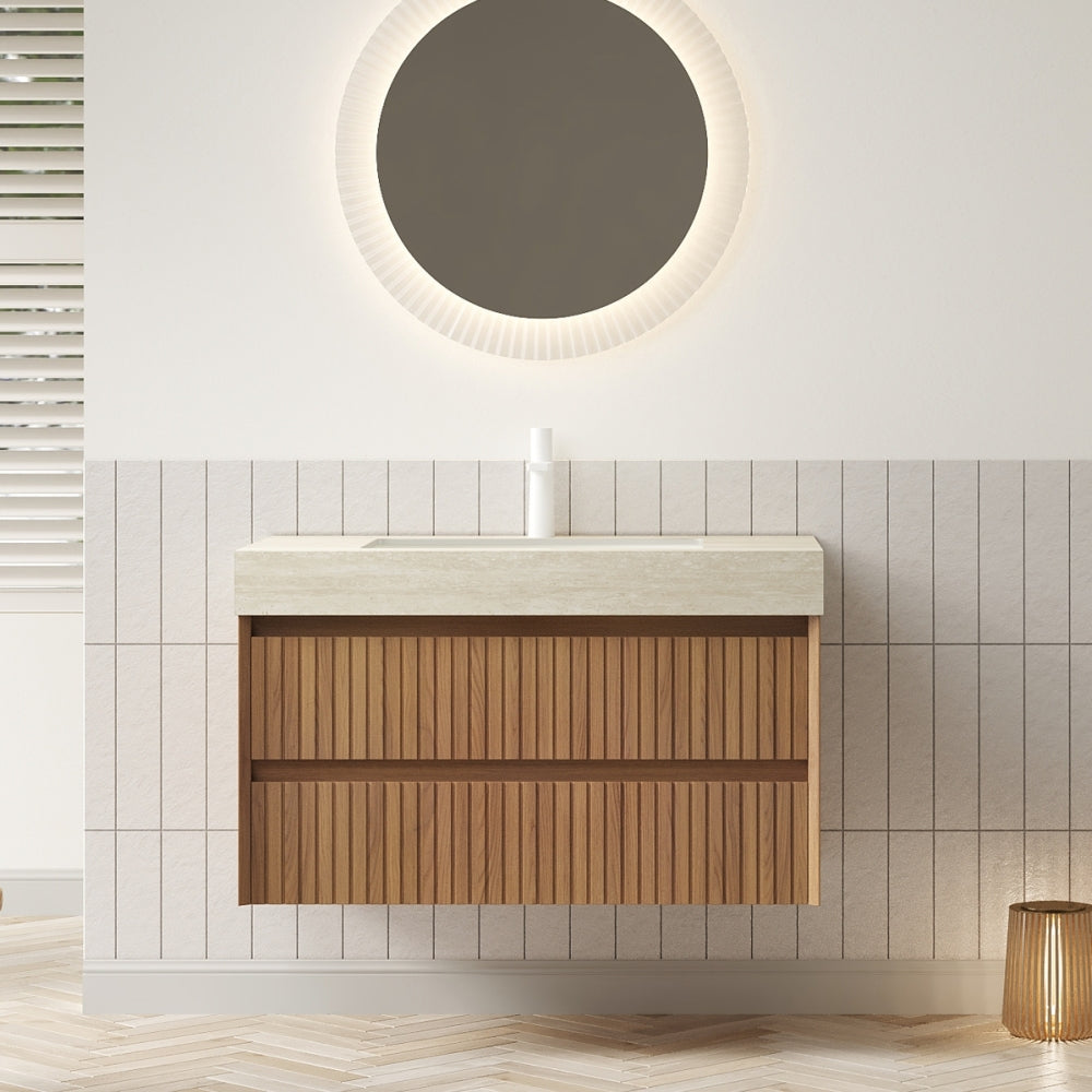TILLEY 36" Bathroom Vanity&Sink, Floating Striped Plywood Storage Cabinet with 2 Drawers, Travertine-Pattern Sintered Stone Top with Ceramic Undermount Basin, Pre-assembled, Espresso Woodgrain Color