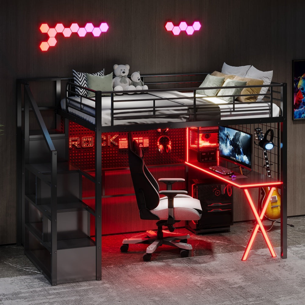 Full Size Metal Loft Bed with Built-in Work Station, Wardrobe, Storage Staircase and LED, Black
