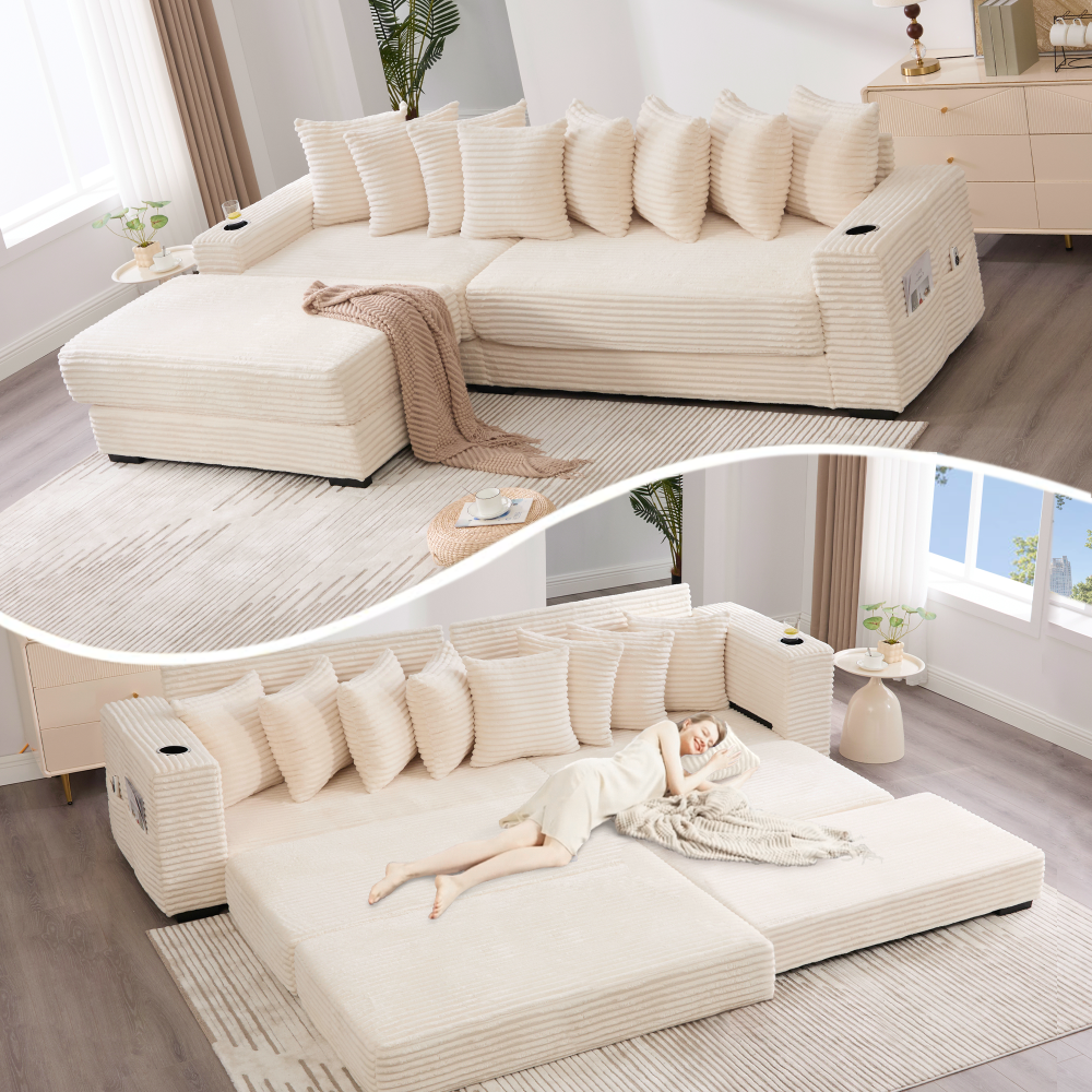 [NEW ARRIVED] [VIDEO PROVIDED]   110.75" Modular L Shaped Sofa, Corduroy Fabric Sectional Couch,With a movable footstool, Cup Holders,Bring 8 throw pillows,Side Pocket,Unfold into a Bed,Orange
