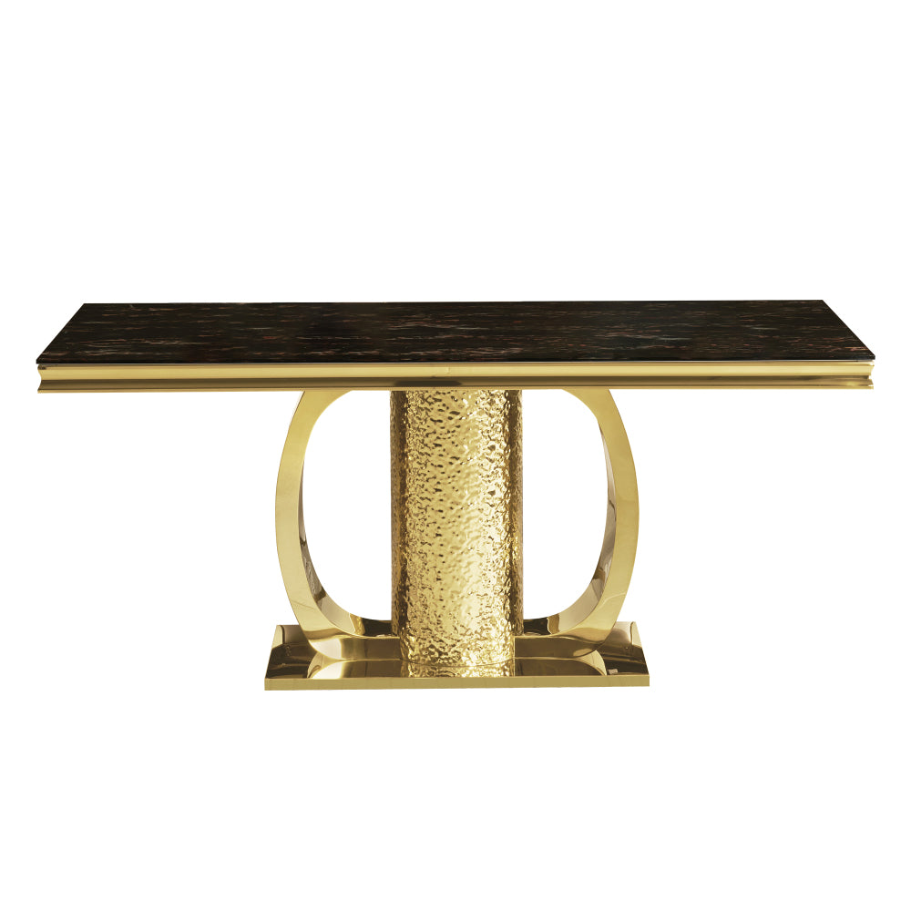 Gold stainless steel dining table  70.08 inch black tempered glass top with sticker