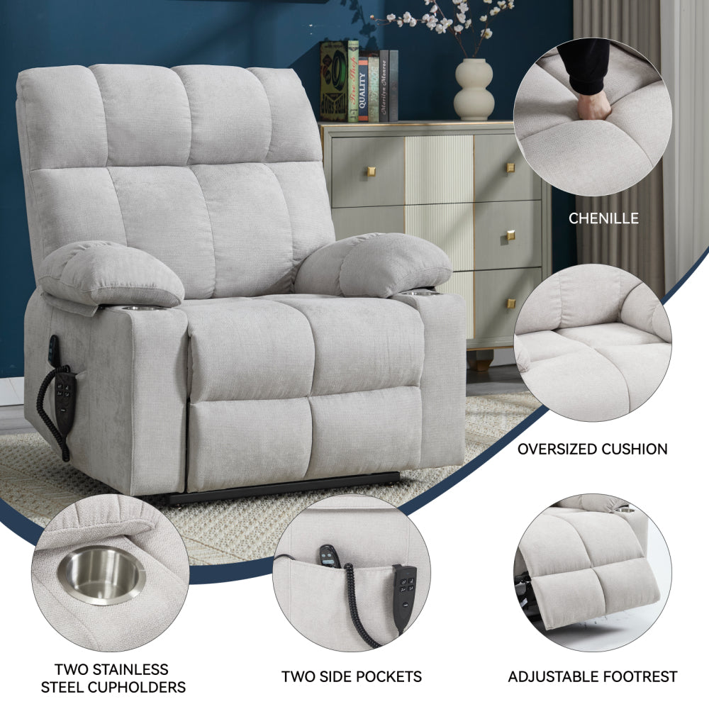 Beige Dual Motor Infinite Position Up to 350 LBS Chenille Power Lift Recliner Chair, Heavy Duty Motion Mechanism with 8-Point Vibration Massage and Lumbar Heating, Dual Cup Holders