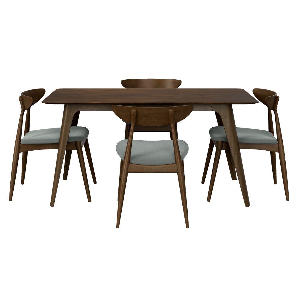 5-Piece Dining Table Set, 1 Table 4 Chairs, Rubberwood Frame, Ergonomic Backrest, Soft Cushioned Chairs, Walnut + Light Gray