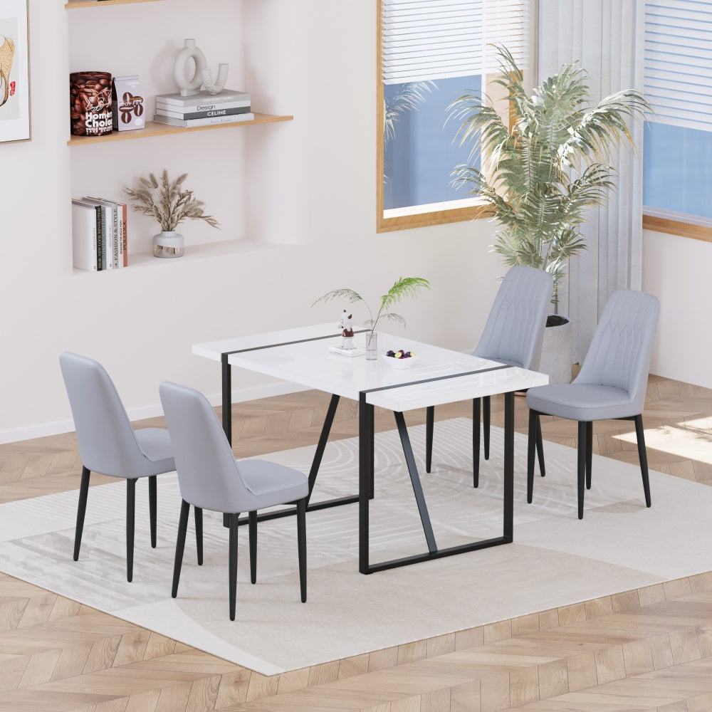 55 "4-person modern MDF dining table set, kitchen black metal leg dining table and chair set, industrial rectangular white tabletop and dining room thick padded PU dining chairs