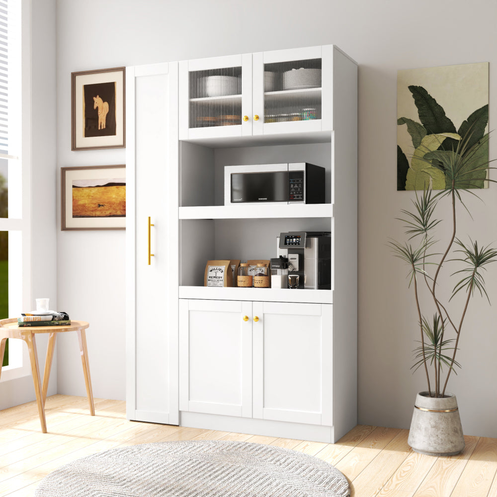 Kitchen pantry cabinet with multi-functional pull-out multi-tier storage shelf,Farmhouse Storage Cabinet with 4 Doors,Pantry Organizers for Kitchen,Dining Room(White)