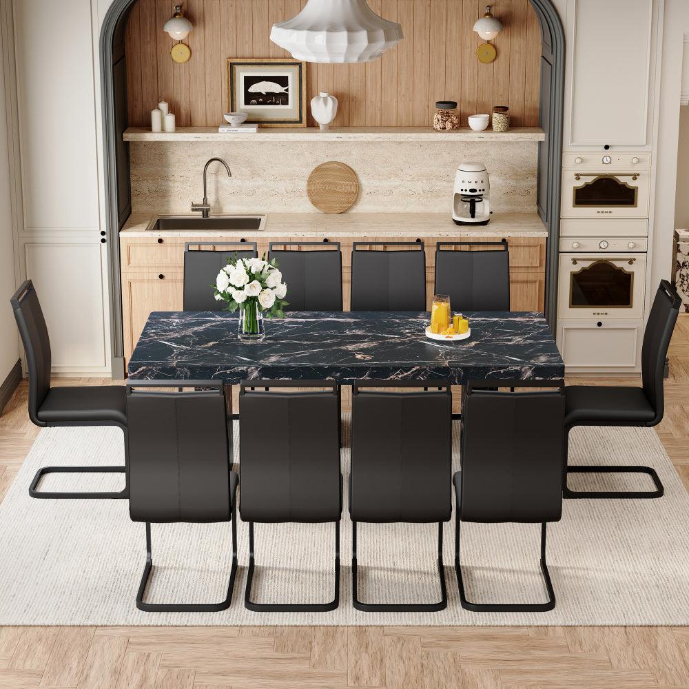Table and chair set.78.7"*39.4"*29.9"inches MDF Luxurious Black Marble Pattern Dining Table,With a 3.5-inch thick tabletop.Paired with 10 Black PU Chairs With C-tube Black Metal Chair Legs.W1151S03925