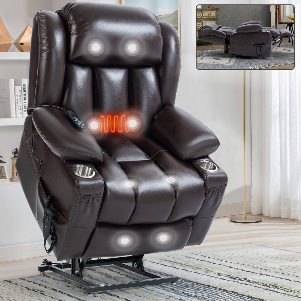 Dual Motor Infinite Position Up to 350 LBS Leatherair Power Lift Recliner Chair, Heavy Duty Motion Mechanism with 8-Point Vibration Massage and Lumbar Heating, Stainless steel Cup Holders, Beige
