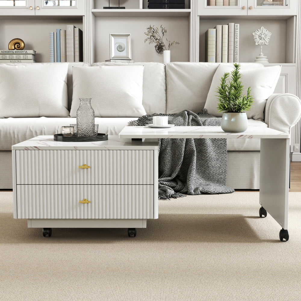 Extendable Coffee Table with Storage, Reversible Living Room Table with 2 Drawers and with 6 Wheels, White