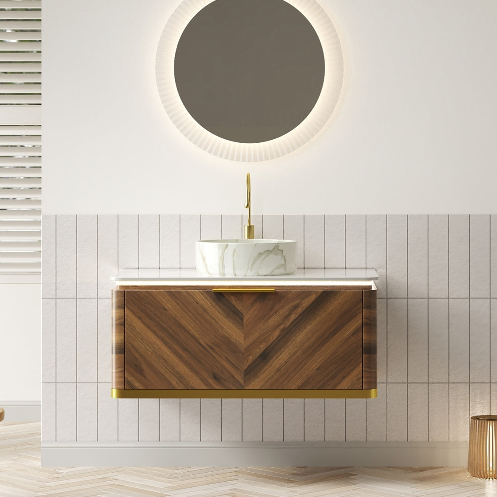 DIPA 36" Bathroom Vanity&Sink, Floating Plywood Storage Cabinet with Sensor Light, Drawer, Stone Pattern White Round Ceramic Vessel Basin&Sintered Stone Top, Pre-assembled, Dark Walnut Woodgrain Color