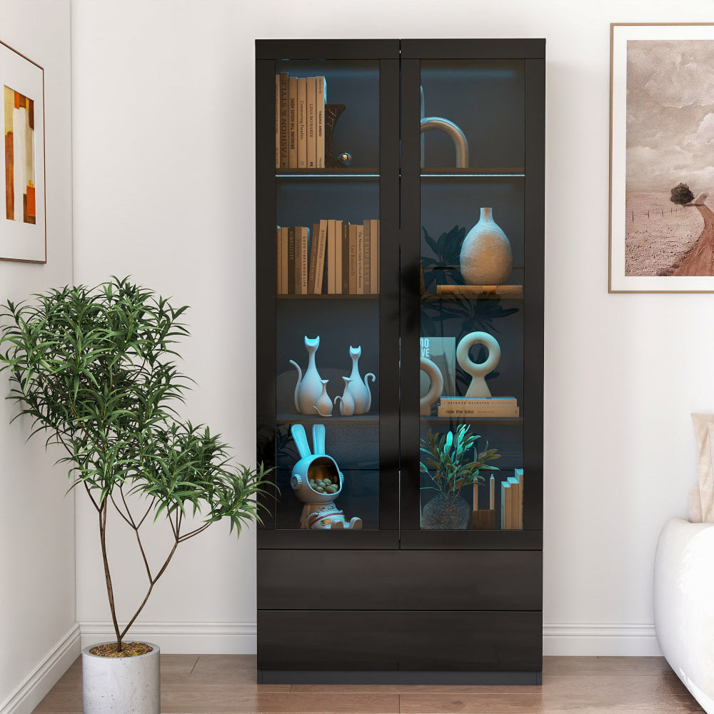 Display Cabinet with Glass Doors, Curio Storage Cabinet with 2-Drawer, Bookcase with LED Lights, Black