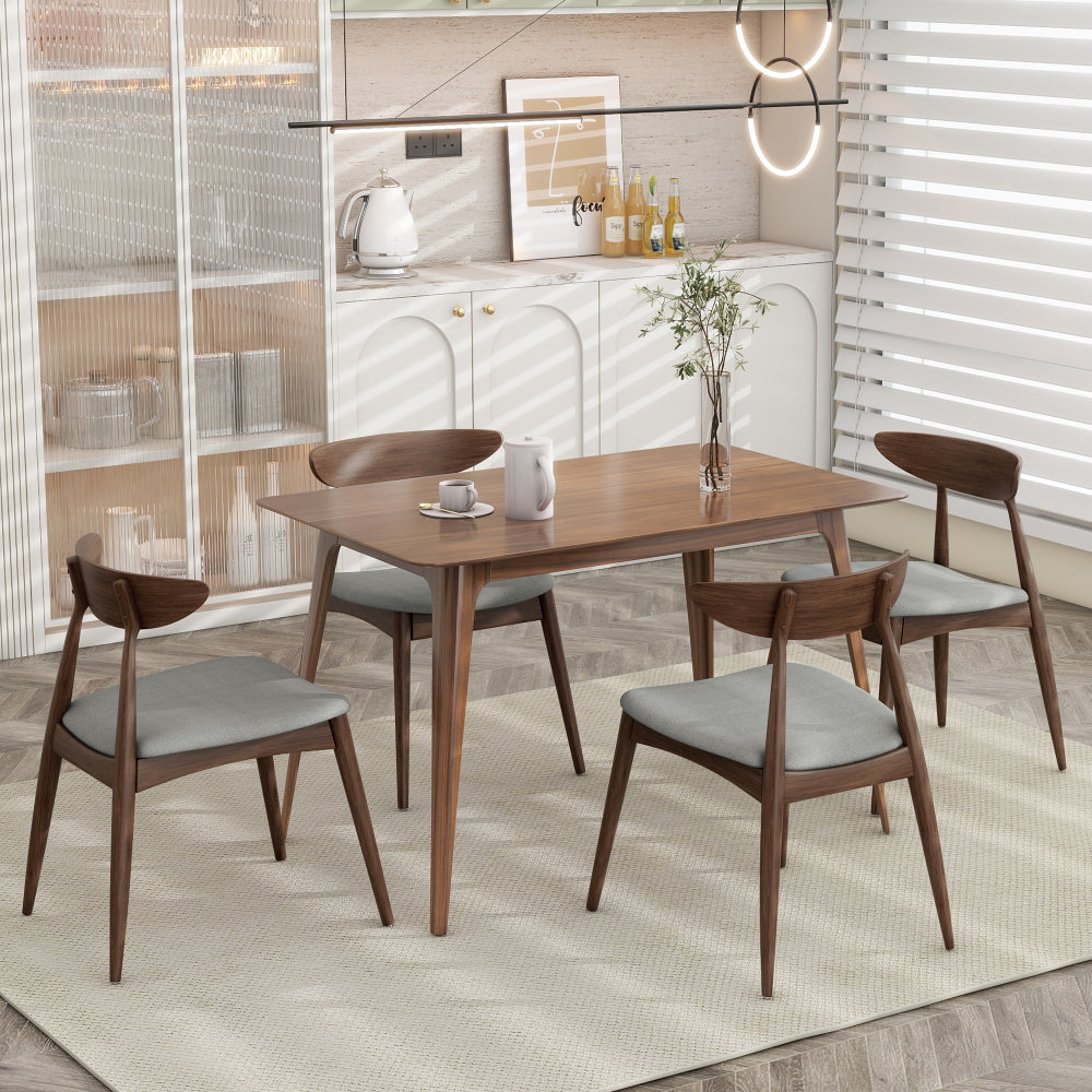 5-Piece Dining Table Set, 1 Table 4 Chairs, Rubberwood Frame, Ergonomic Backrest, Soft Cushioned Chairs, Walnut + Light Gray