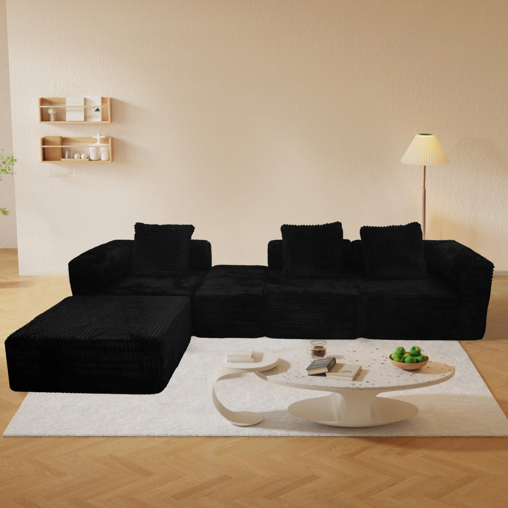 Modular Sectional Sofa Black Couches 4 Seat Modular Foam Sectional Couches for Living Room with 1 Ottoman, Cloud Couch with Oversized Chaise