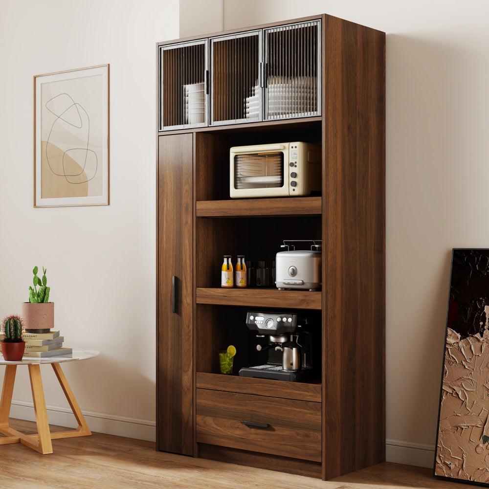 70.87" Tall Kitchen Pantry Cabinet with multi-functional pull-out multi-tier storage shelf, 1 Drawers,with Aluminum frame glass door,Freestanding Food Hutch with Microwave Stand for Dining Room