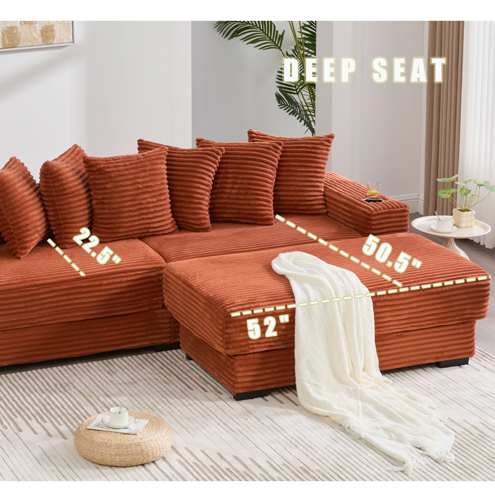 [NEW ARRIVED] [VIDEO PROVIDED]   110.75" Modular L Shaped Sofa, Corduroy Fabric Sectional Couch,With a movable footstool, Cup Holders,Bring 8 throw pillows,Side Pocket,Unfold into a Bed,Orange