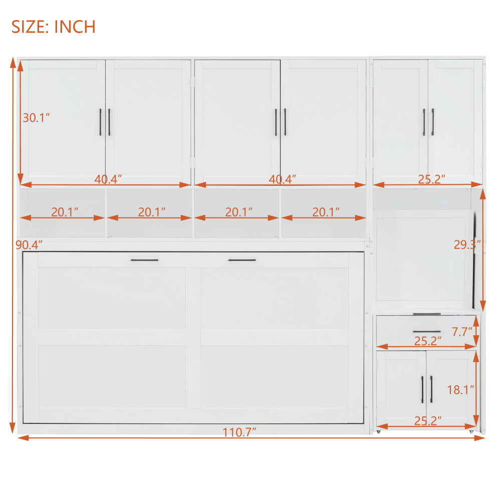 Twin Size Murphy Bed Wall Bed with Closet , Drawers & Desk-White