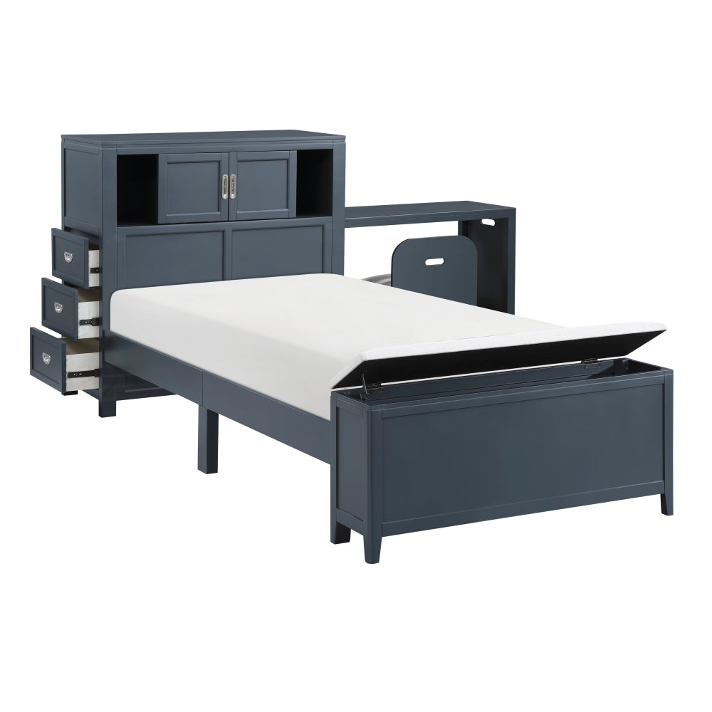 Navy Blue Finish Twin Platform Bed with Bookcase Headboard Drawers Hidden Desk Stool Footboard Storage Bench Bedroom Furniture 1pc