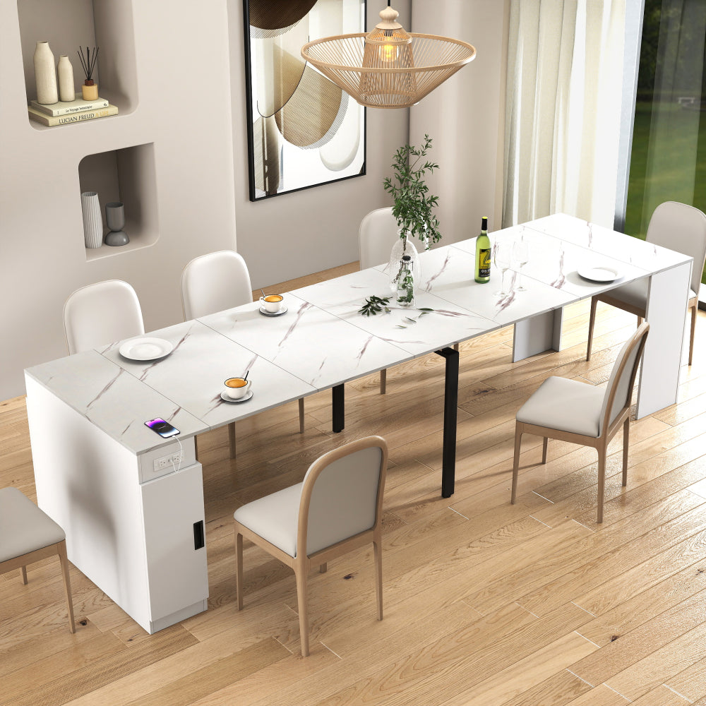 Modern Multifunctional Extendable Dining Table with Outlet, Space Saving Expanding Table with Storage for Party, Weddings, Meetings, Celebrations