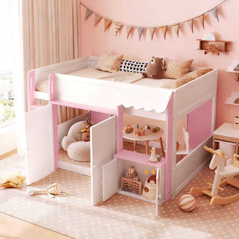 Full Loft House Bed with Playhouse & Storage, Modern Wood Cabin Bed for Kids/Teens, White+Pink