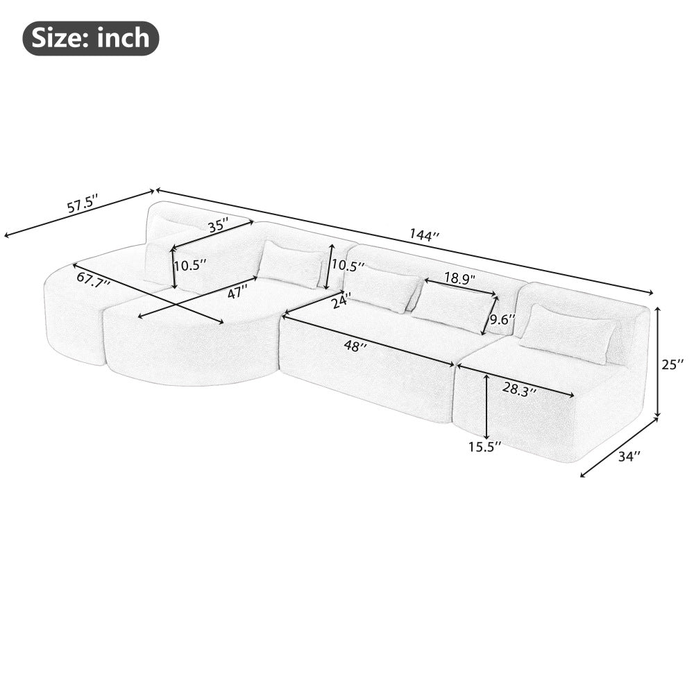 144" Upholstered Sofa Free-combined Sofa Couch with Two Chaise Lounge and Five Back Pillows for Living Room, Pink