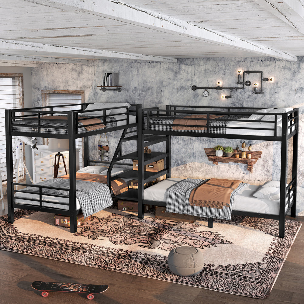 Twin L-Shaped Metal Bunk Bed with Storage Shelves and High-Quality safety Guardrail,Space-Saving,Black.