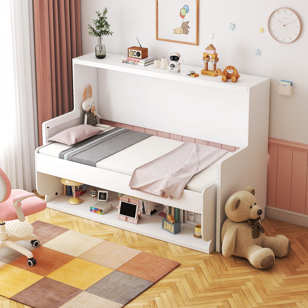 Murphy Bed with Desk, Ideal Bedroom Furniture for Small Spaces, Horizontal & Vertical Pull-Out Beds and Space Saving Furniture, Foldable Beds ( Horizontal Single)