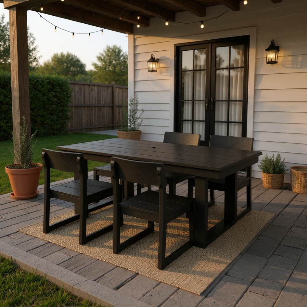 5-Piece HDPE Outdoor Dining Set for 4 – Weather-Resistant Patio Table and Chairs with Umbrella Hole, Black Furniture for Backyard, Garden, Lawn, or Poolside