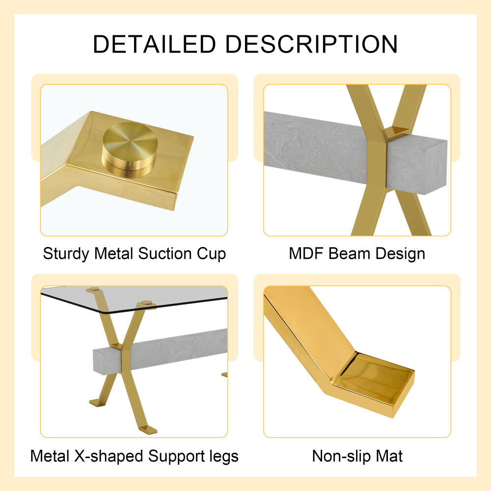 Modern tempered glass dining table. Large modern office desk with gold plated metal legs and gray MDF crossbars, suitable for both home and office use. Kitchen. 71 ''x35.4''x30 ''W1151S02350