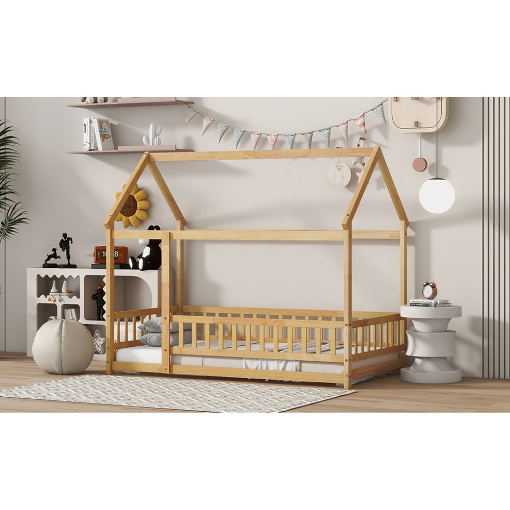 Twin Size House Floor Wooden Bed with Roof Frame,Safety Guardrails,Natural (Old Sku W504P286404)