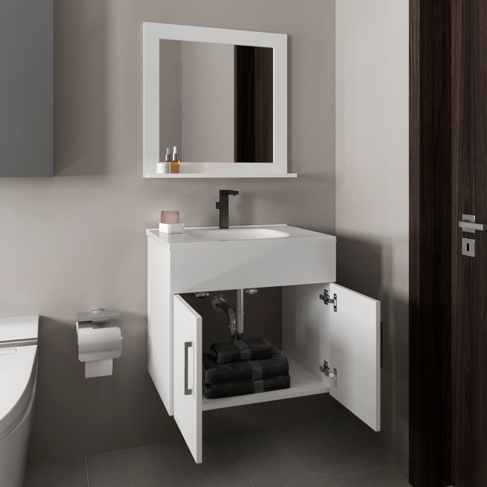 Bathroom Set, Vanity Sink + Mirror, 2 Doors, 1 Shelf, 1 Mirror, White