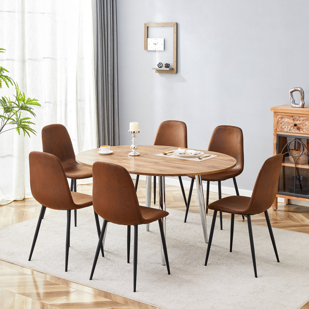 Table and chair set.With a Expandable mechanism,the Wood Grain MDF table top and silver metal legs and has a smooth surface.Paried With 6 chairs with soft suede cushions and black metal legs.