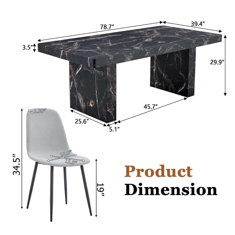 Table and chair set.78.7"*39.4"*29.9"inches MDF Luxurious Black Marble Pattern Dining Table,With a 3.5-inch thick tabletop.Paired with 10 Light Gray Linen Fabric Chairs With Black Sturdy Metal Legs.
