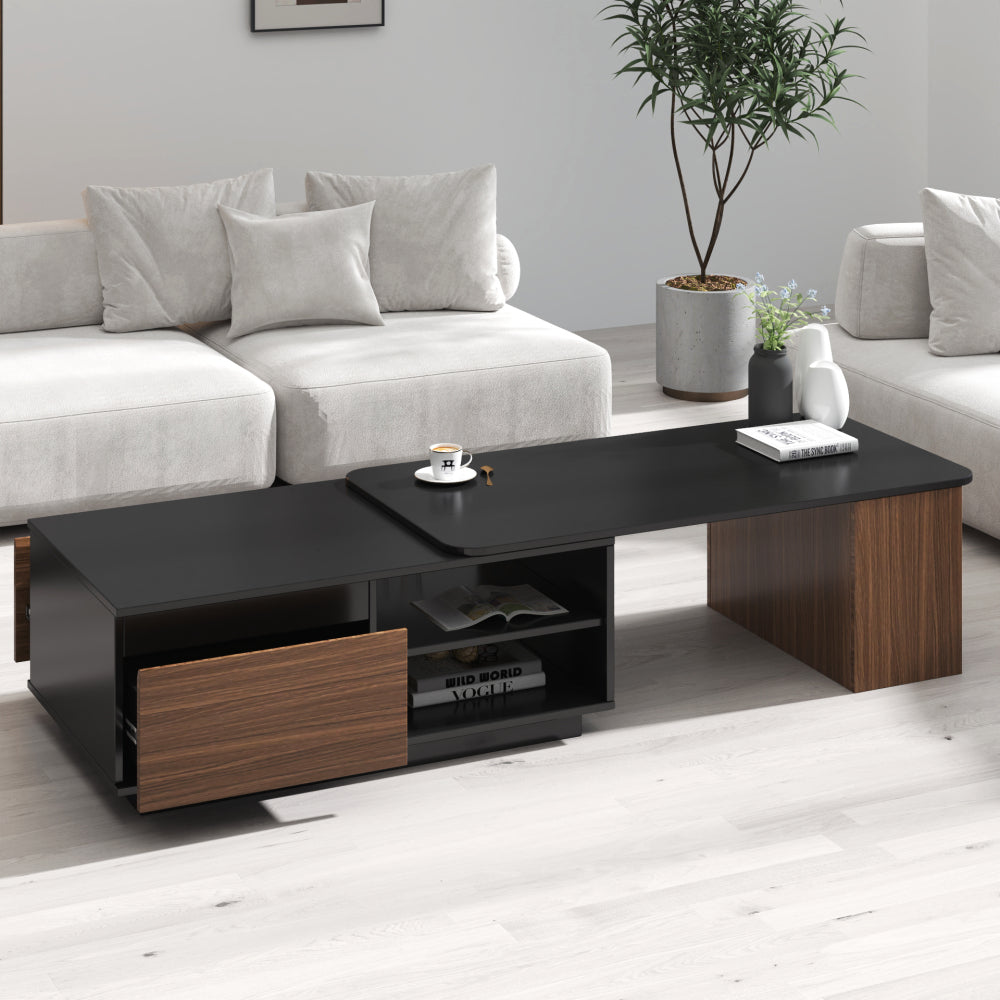 Extendable Coffee Table,  Length Adjustable Wood Coffee Table with 2 Storage Drawers for Living Room, Large Long Rectangular Center Table