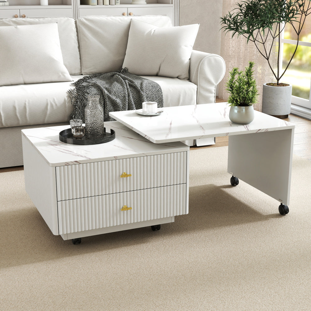 Extendable Coffee Table with Storage, Reversible Living Room Table with 2 Drawers and with 6 Wheels, White