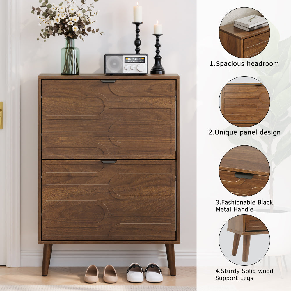 Medieval Modern Independent Shoe Cabinet, 23.62-inch Walnut Shoe Storage Cabinet,, Fence Shoe Cabinet with 2 Flip Drawers, Suitable For Corridors And Entrances