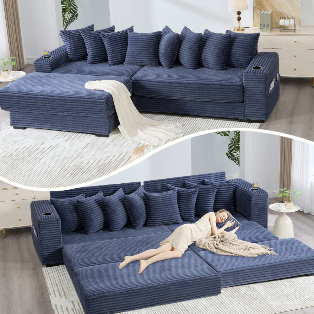 [NEW ARRIVED] [VIDEO PROVIDED]   110.75" Modular L Shaped Sofa, Corduroy Fabric Sectional Couch,With a movable footstool, Cup Holders,Bring 8 throw pillows,Side Pocket,Unfold into a Bed,Orange