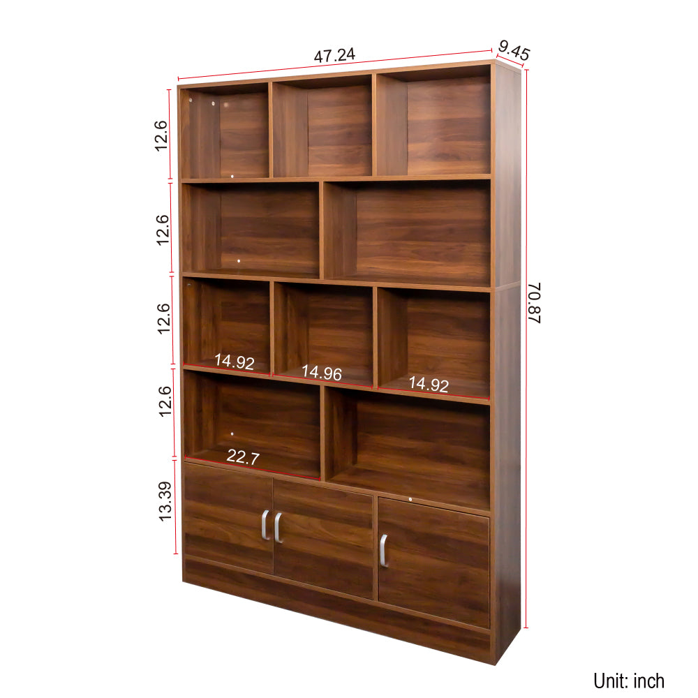 70.87" Tall Bookshelf with 10 Cubes and 3 Doors, 4-Tier Bookshelf, Open Shelf Bookcase with Cabinet, Modern Cube Storage Organizer for Living Room, and Office
