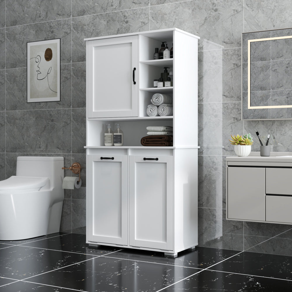 Laundry Cabinet with Doors and shelf, Tilt-Out Laundry Hamper, Multiple Storage Space, Freestanding Style, Open Shelve, Adjustable Shelf, White