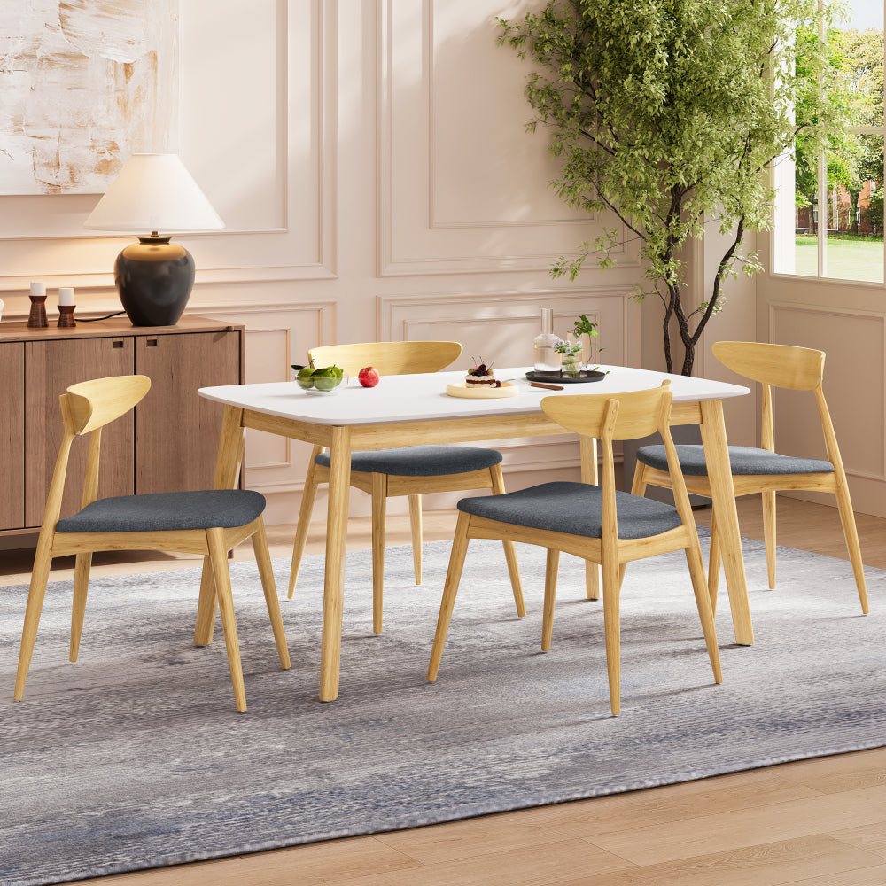 5-Piece Dining Set, 1 Table + 4 Chairs, Rubberwood Frame, Ergonomic Chairs & Faux Wood Table, Natural+Grey+White Oak
