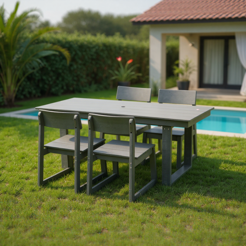 5-Piece All-Weather HDPE Outdoor Patio Dining Set '69' Rectangular Table with Umbrella Hole & 4 Chairs for Patio, Backyard, Garden, Poolside Gray