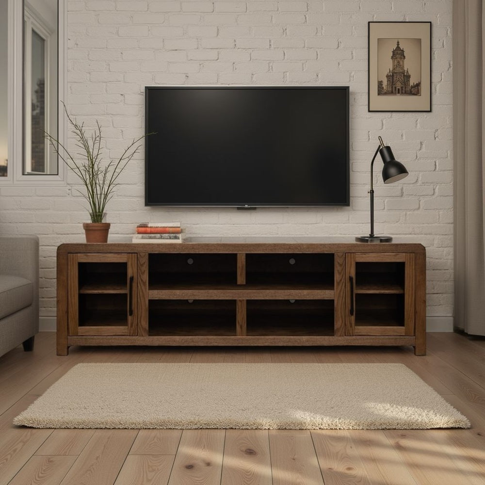 Haven 82 inch TV Stand with Glass Doors, for TVs up to 90 inches, No Assembly Required, Oak Bourbon Finish